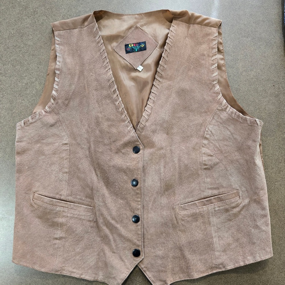 GEE J Suede Leather Vest 2X Brown Tan Whipstitch Western Button Front